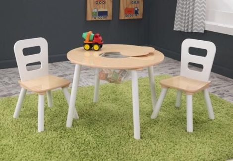 Kerek játéktárolós asztal + 2 szék gyerekbútor szett - natúr, Kidkraft